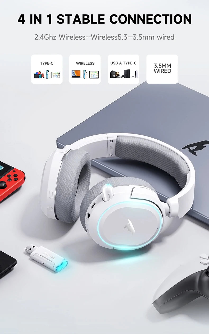 Auriculares gaming inalámbricos Picun G2 Bluetooth 5.3 – Sonido envolvente 7.1, auriculares gaming de baja latencia de 5ms con micrófono ENC para PC, PS5, PS4, Switch y móvil