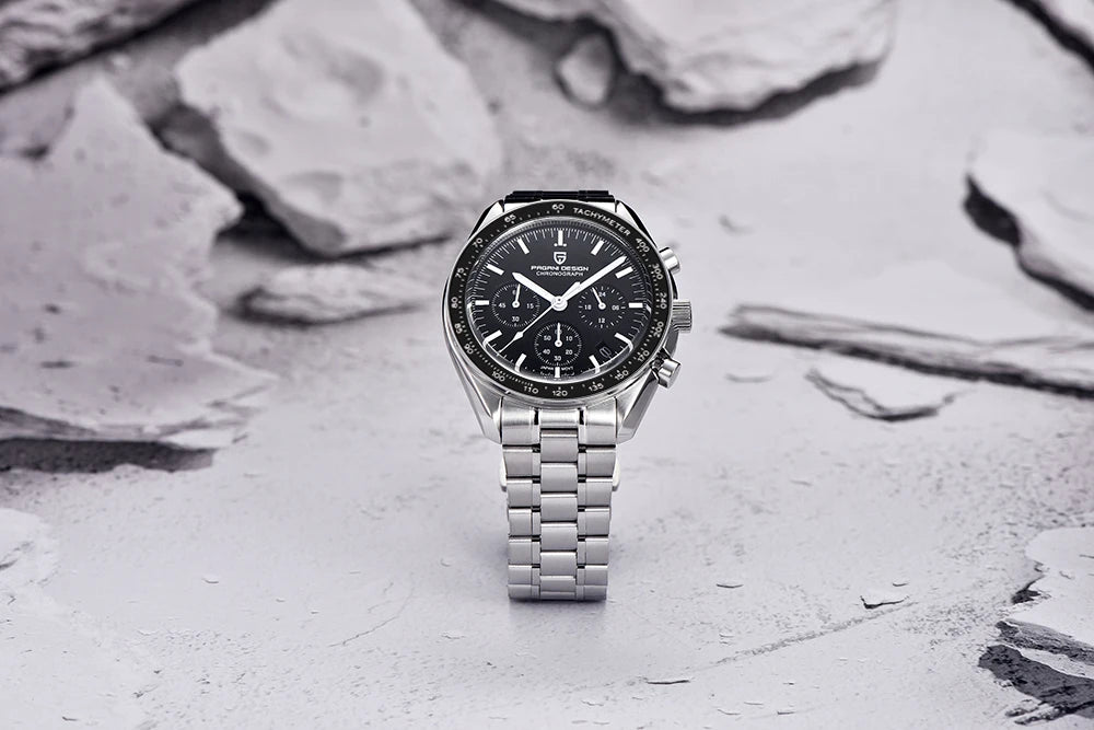 „PAGANI DESIGN Moon“ laikrodis – prabangus vyriškas kvarcinis chronografas, sportinio stiliaus, safyro stiklas su antirefleksine danga, švytintis ekranas