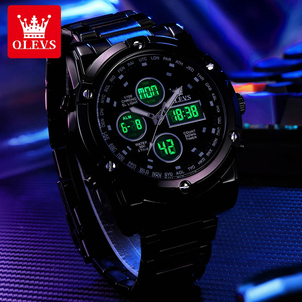 OLEVS Herrenuhr – Wasserdichte Quarz-Armbanduhr aus Edelstahl mit LED-Anzeige – Sportlicher und trendiger Stil (Modell 1106)