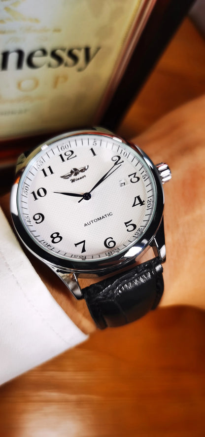 Klassische Herrenuhr – Retro-Design mit Kalender und blauen Zeigern, mechanisches Automatikwerk, renommierte Marke, Edelstahlgehäuse und Lederarmband