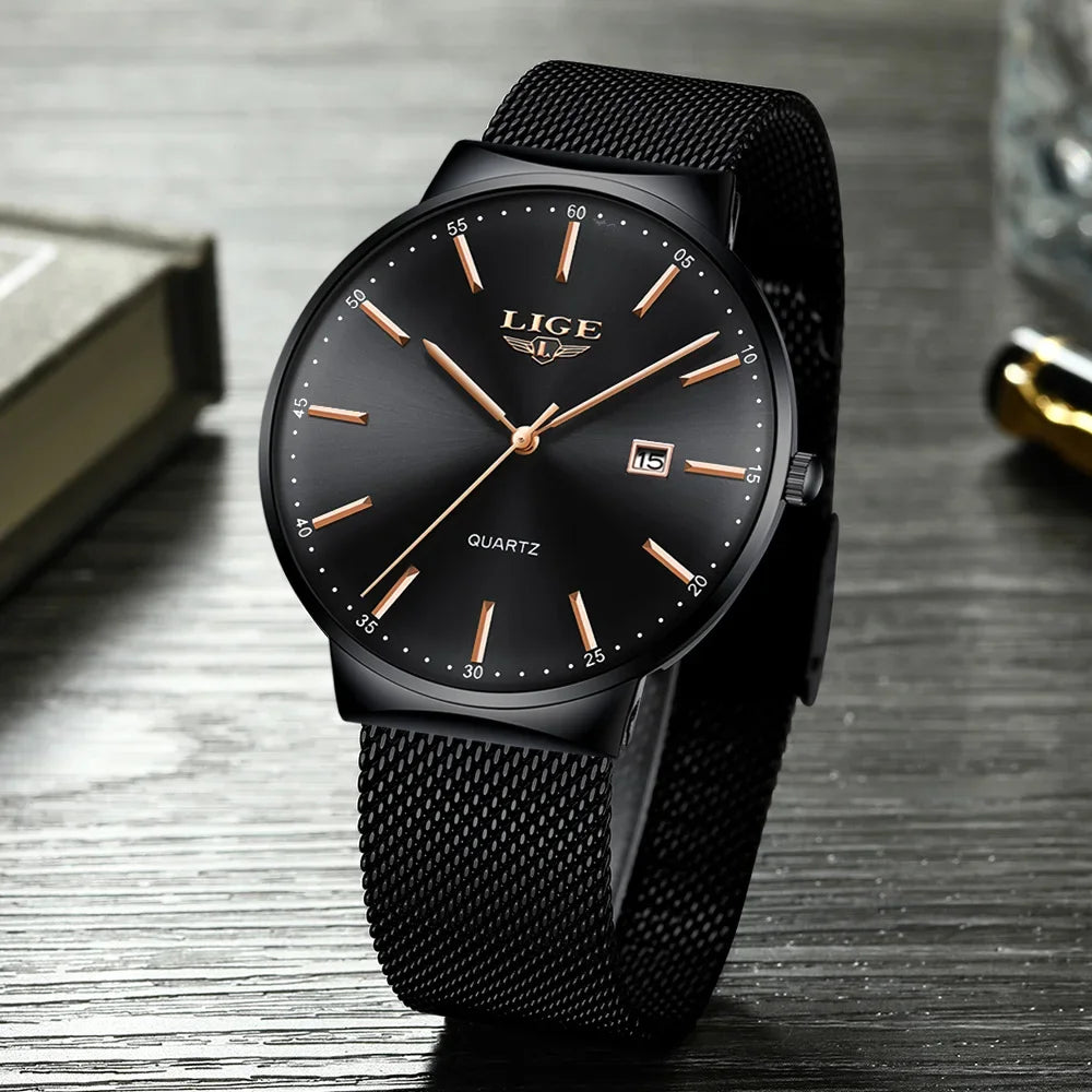 Muški sat LIGE, elegantan i luksuzan model, ultra-tank, vodootporan, s mrežastim remenom, kvarcnim mehanizmom, prikazom datuma i kalendara – idealan za profesionalni izgled.