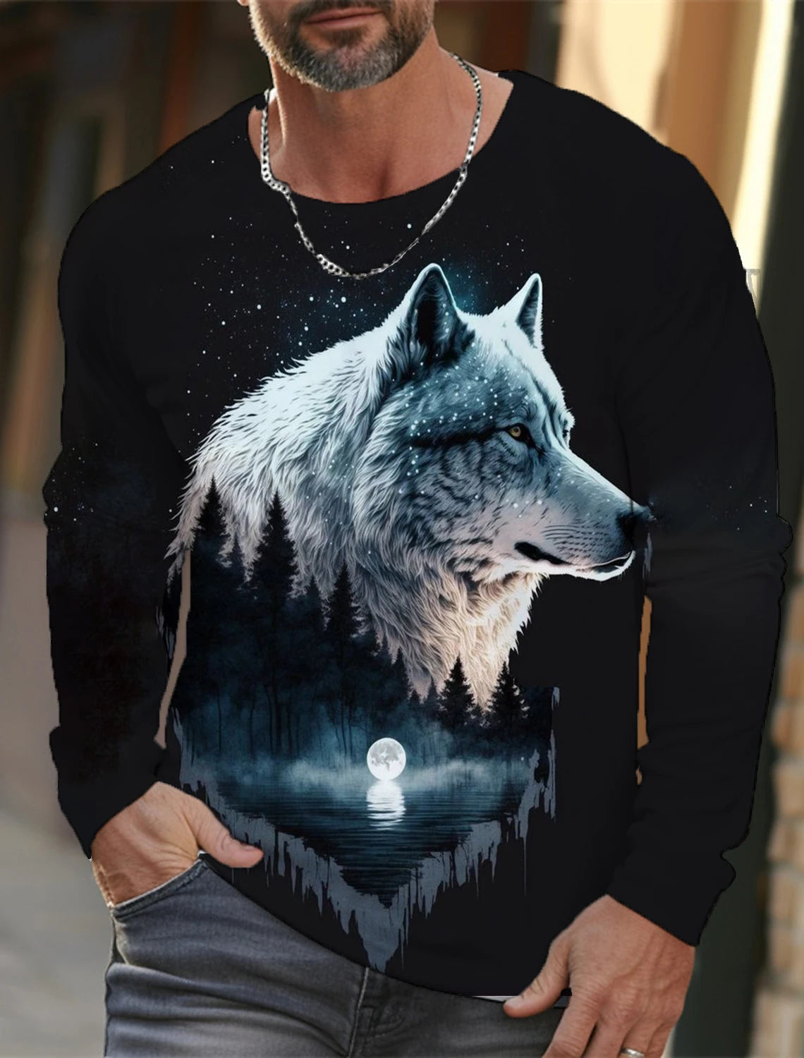 The Wolf Graphic Men's Long Sleeve T-shirt for Men Clothing Casual Top Tee Shirt Fashion Animal 3D Full Printing Streetwear