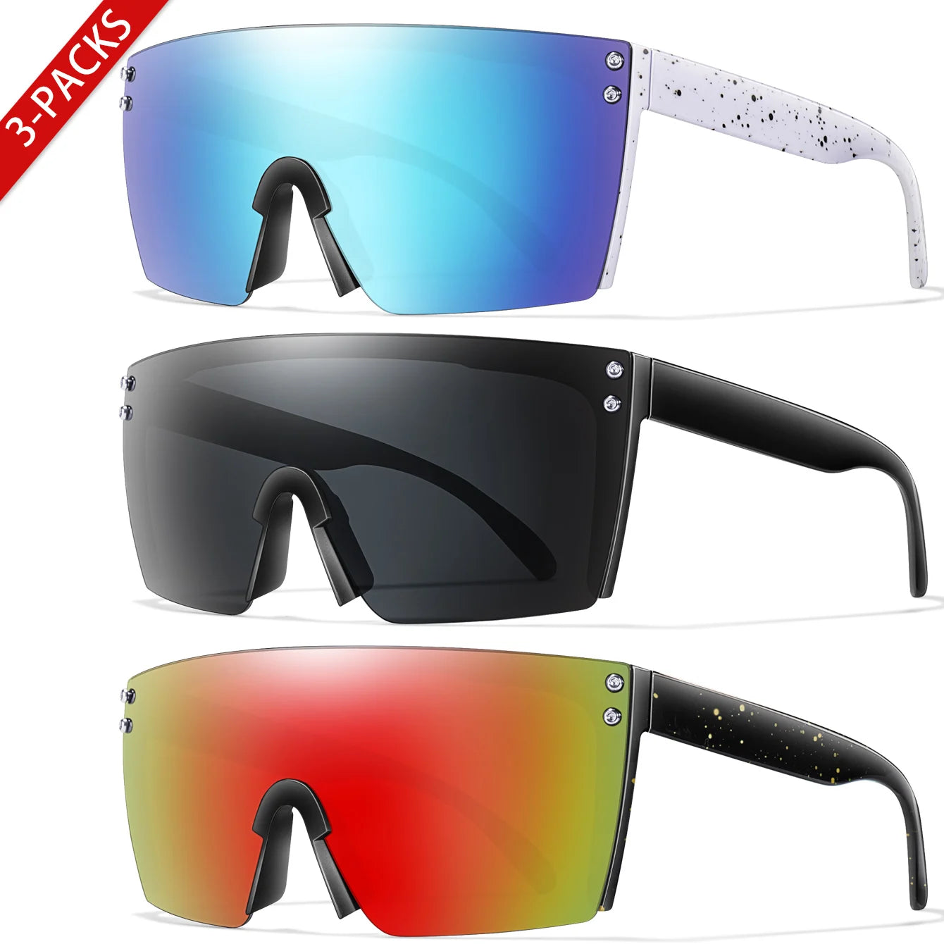 3 Pairs Fishing Sunglasses Men and Women Square Oversize Windproof Shades with UV Protection for Outdoor Cycling Hiking