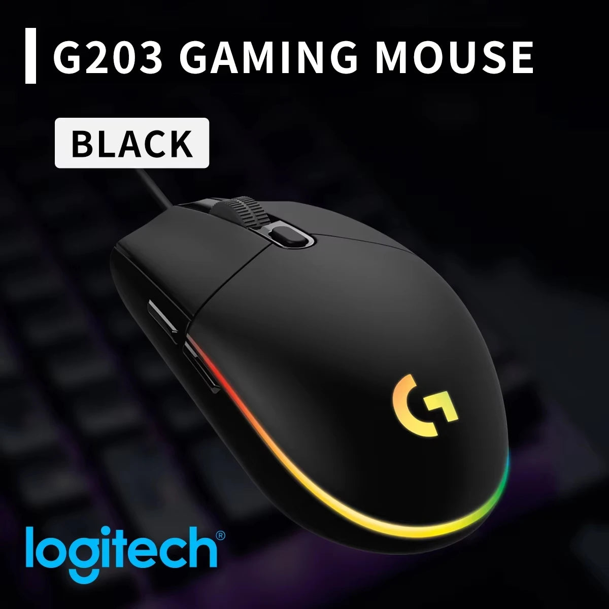 Logitech G102 G203 laidinė žaidimų pelė, 2.1 metro ilgio laidas, 8000 DPI, RGB efektai, skirta PC, nešiojamajam kompiuteriui, biurui ir gamer’iams, lanksti