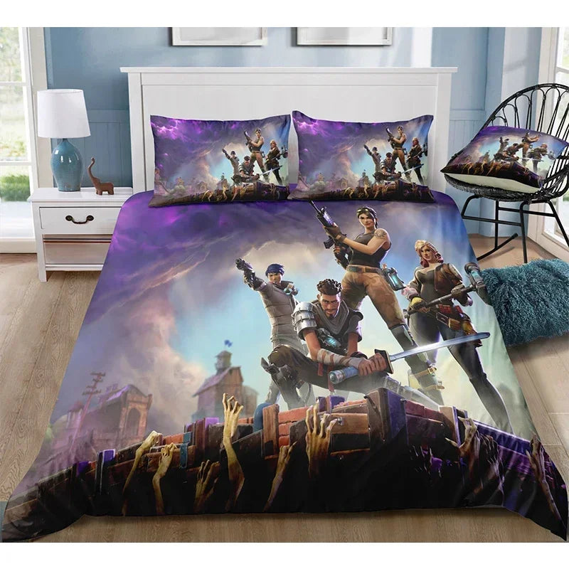 Fortnite-Bettwäsche-Set, Bettbezug, 3-teilig, 3D-bedruckte Schlafzimmer-Bettwäsche, Game-Anime-Cartoon-Kissenbezug, Zimmerdekoration, Geschenk