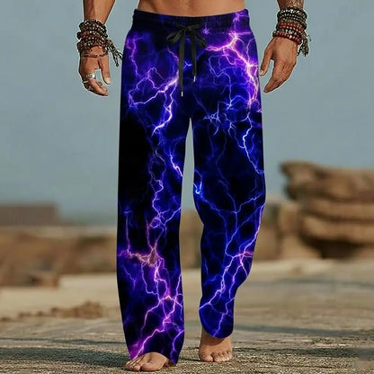 Men's Beach Pants Lightning Pattern 3D Print  Wide Leg Elastic Waist Drawstring Casual Summer Vacation Loose Breathable Trousers