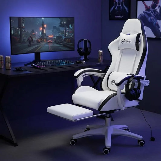 Leather Gaming Chair 135° Reclining with Retractable 360° Swivel Height Ergonomic White Contrast Edge Office Chair 120KG Capacity