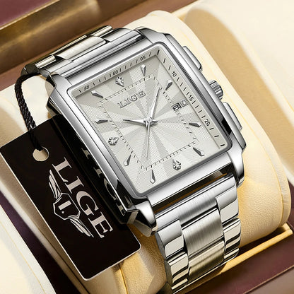 Reloj para hombre LIGE: estilo militar y moderno, caja cuadrada, cronógrafo de cuarzo, resistente al agua, marca de lujo