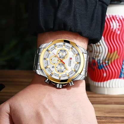 CURREN men’s chronograph watch, large 48 mm dial, stainless steel bracelet, three sub-dials, quartz sports wristwatch, luxurious style