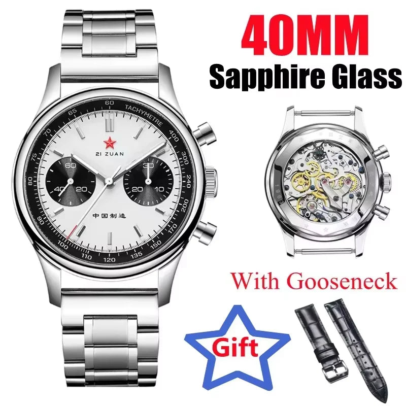 Red Star Panda Mens 1963 Chronograph Mechanical Wristwatch Seagull st1901 Movement Gooseneck 40mm Luminous Sapphire Pilot Watch
