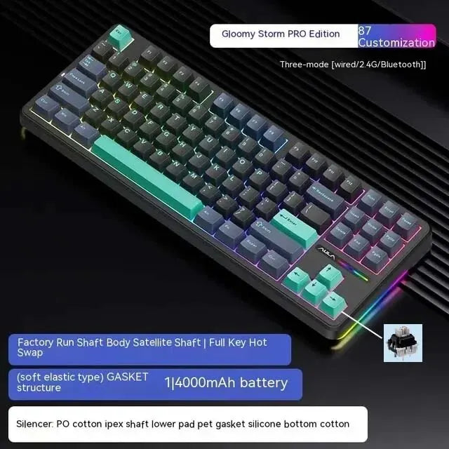 AULA F87 Pro mechanische Tastatur 2.4g/Usb/Bluetooth Tri-Mode Wireless, 87 Tasten, RGB, PBT, Gasket, 5-lagige Schalldämpfung, Full-Key, No Impact