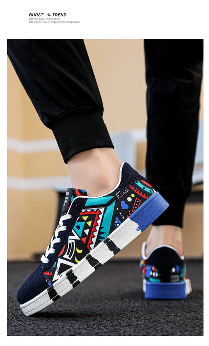 YRZL Men's Sports Running Shoes Canvas Geometric Style Lace-Up Sneakers Couples' Fashionable Graffiti Print Skate Shoes