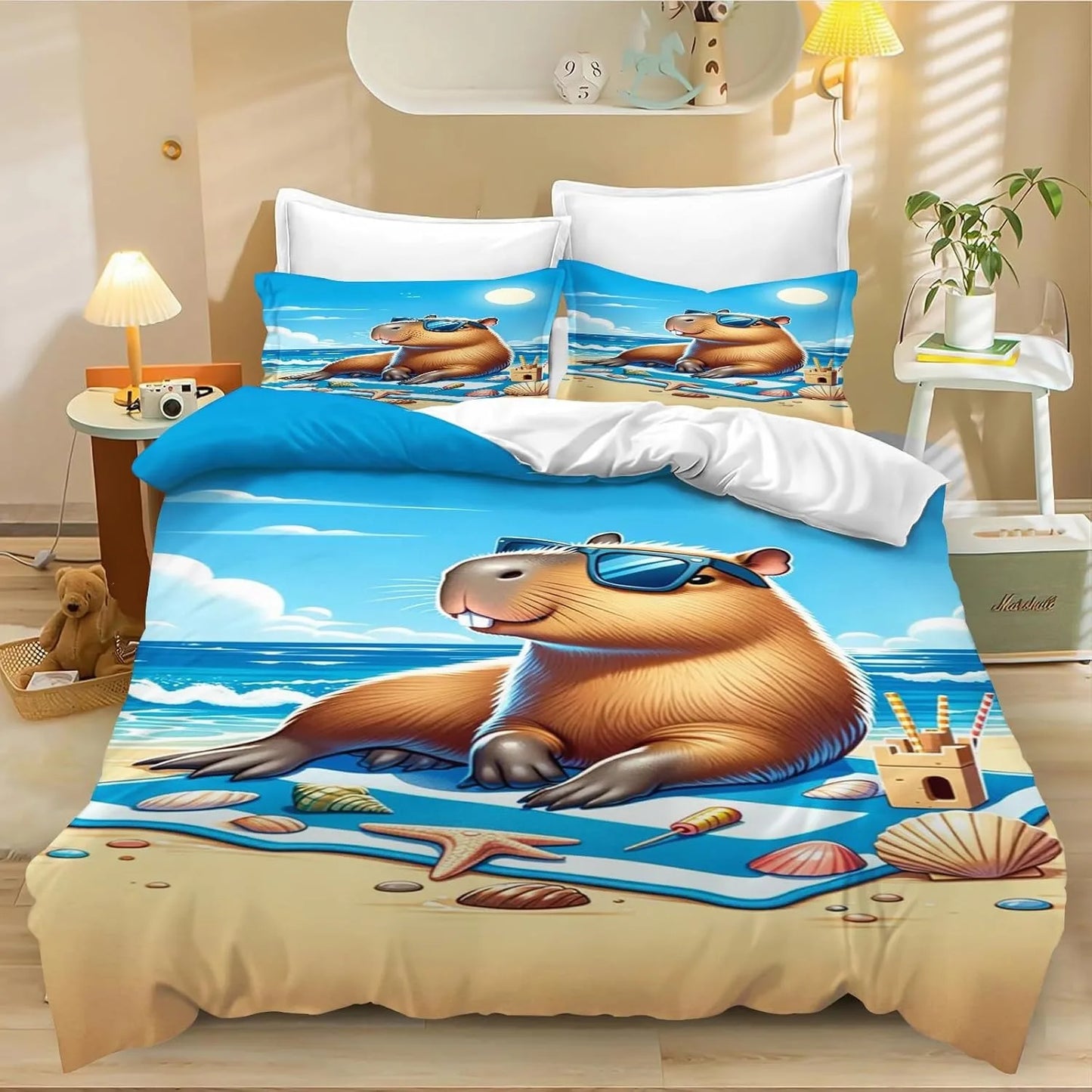 Juego de cama de carpincho de dibujos animados de 4 piezas, funda nórdica y funda de almohada, para adultos, niños y niñas, decoración de dormitorio infantil, tamaño individual y doble