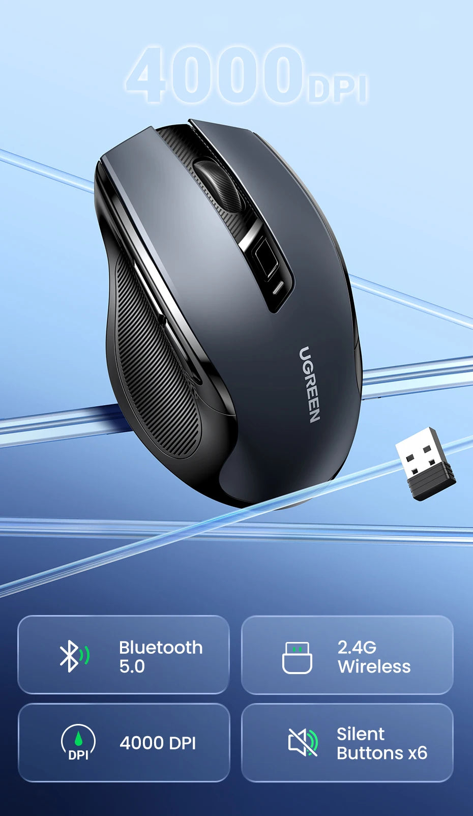 UGREEN kabellose Maus Bluetooth 5.0, ergonomische Maus 4000DPI mit 6 leisen Tasten, für MacBook, Tablet, Laptops, Computer, PC, 2.4G-Maus