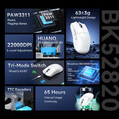 Mouse gaming wireless ATTACK SHARK X11SE, tri-mode, superleggero 63g con sensore PAW3311, 22000 DPI, batteria 300mAh, doppio driver