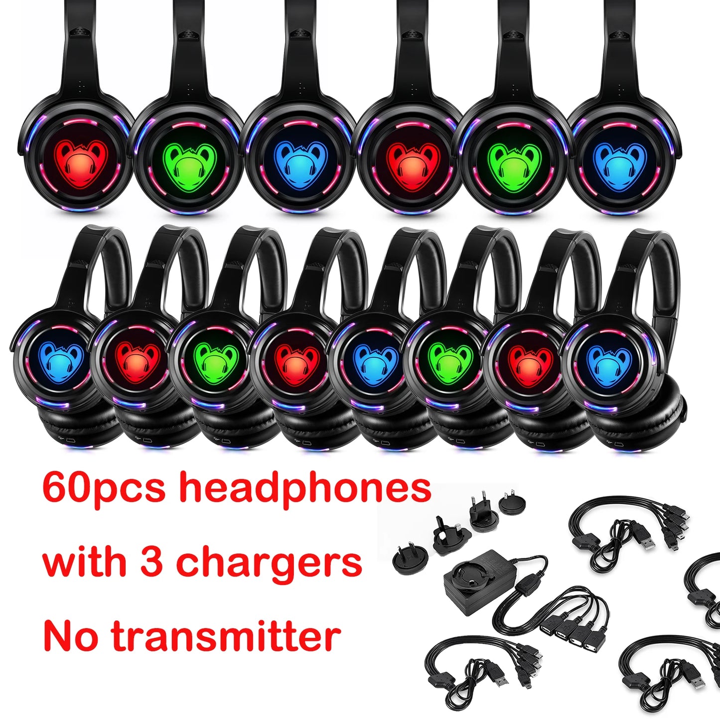Auriculares inalámbricos Silent Disco RF LED para DJ y fiestas 863–865MHz/915MHz con iluminación LED de 3 canales y batería de 10H