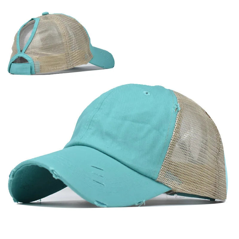 1 casquette de baseball vintage en maille « ponytail », casquette de camionneur ajustable, délavée et vieillie, offrant une protection solaire en extérieur, idéale pour le printemps et l'automne