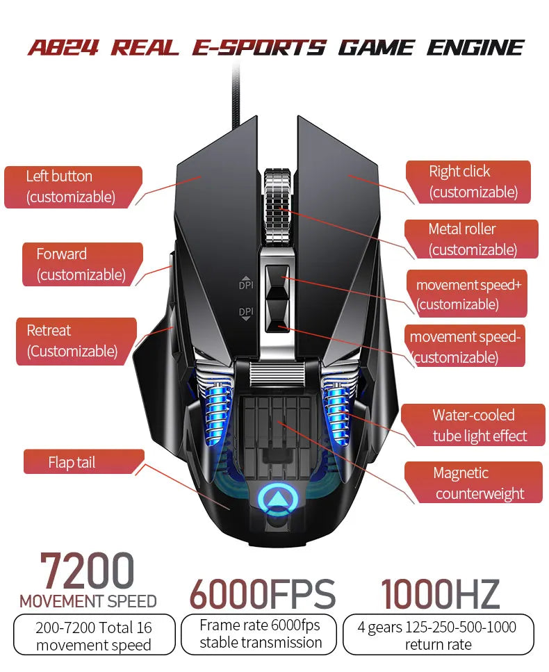 Žična e-športna gaming miška z RGB-osvetlitvijo, nastavljiva 200-7200 DPI, USB-žična za PC, prenosnik in FPS-igre