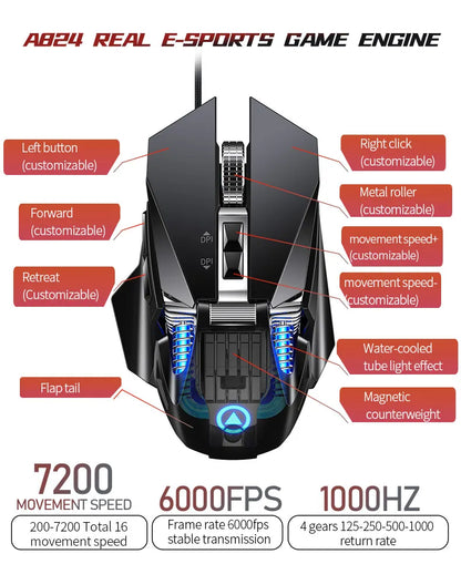 Žična e-športna gaming miška z RGB-osvetlitvijo, nastavljiva 200-7200 DPI, USB-žična za PC, prenosnik in FPS-igre