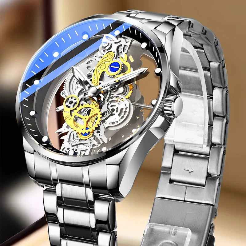 Montre tendance pour homme, modèle à double ouverture, style luxe doré, imitation tourbillon mécanique, mouvement à quartz.