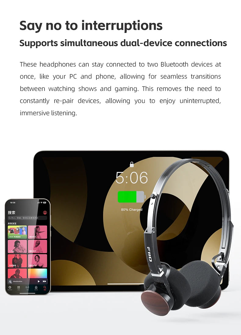 Cuffie Bluetooth on-ear FIIO EH11 – Headset wireless Hi-Res LDAC con bassi potenti, batteria 30H, connessione a doppio dispositivo e design rétro leggero