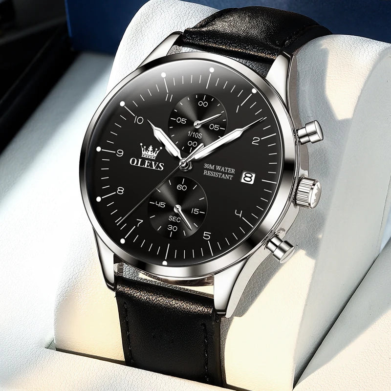 OLEVS 2880 herenhorloge – Elegante en strakke chronograaf, leren band, automatische datumweergave, waterdicht, lichtgevende wijzers, quartz uurwerk.