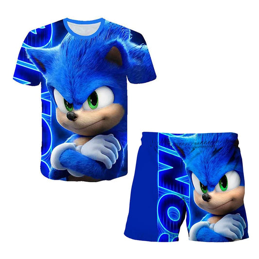 2026 Sonic The Hedgehog 3D T-shirt Set for Boys and Girls: Cute Summer Top + Shorts - Children's Short-Sleeve Birthday Gift