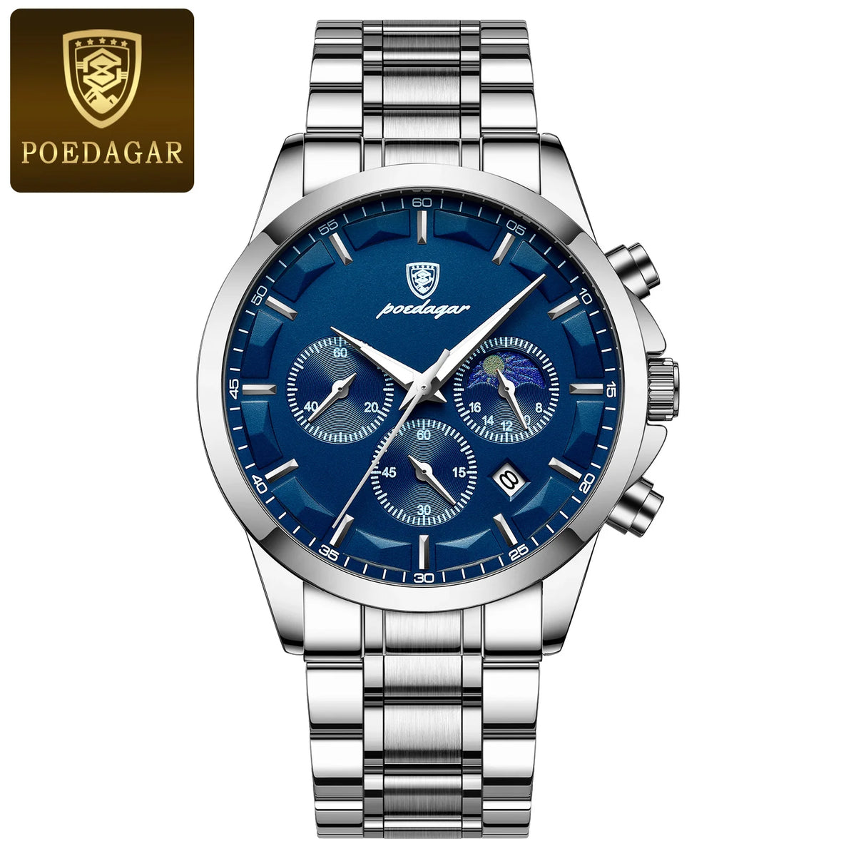 Orologio da polso di lusso da uomo POEDAGAR, stile militare, impermeabile, luminescente, cronografo, in acciaio inossidabile, al quarzo, con custodia.