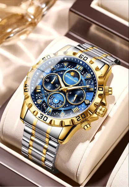 2026 Herrenuhr – leichter Luxus, Business-Stahlarmband, Mondphase, Sternennacht-Design, wasserdicht, modische Quarzuhr für Herren, Geschenk