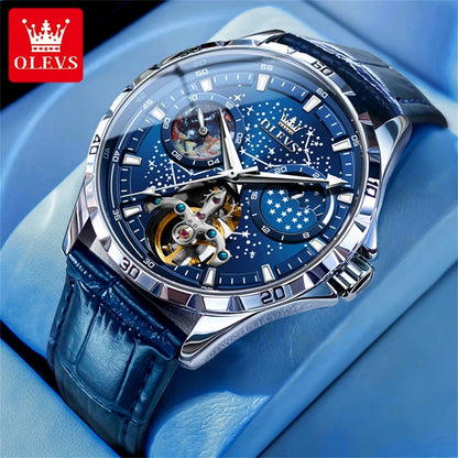 OLEVS Men’s Flywheel Skeleton Automatic Watch Starry Sky Dial, Luminous Mechanical Movement & Waterproof Business Wristwatch