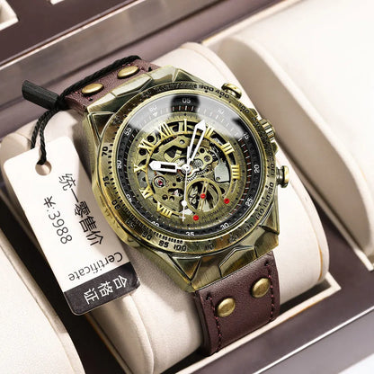 UTHAI Retro Men Watch Business Waterproof Bronze Automatic Mechanical Machine Watch Leather Strap Male Fashion Clock Wristwatch