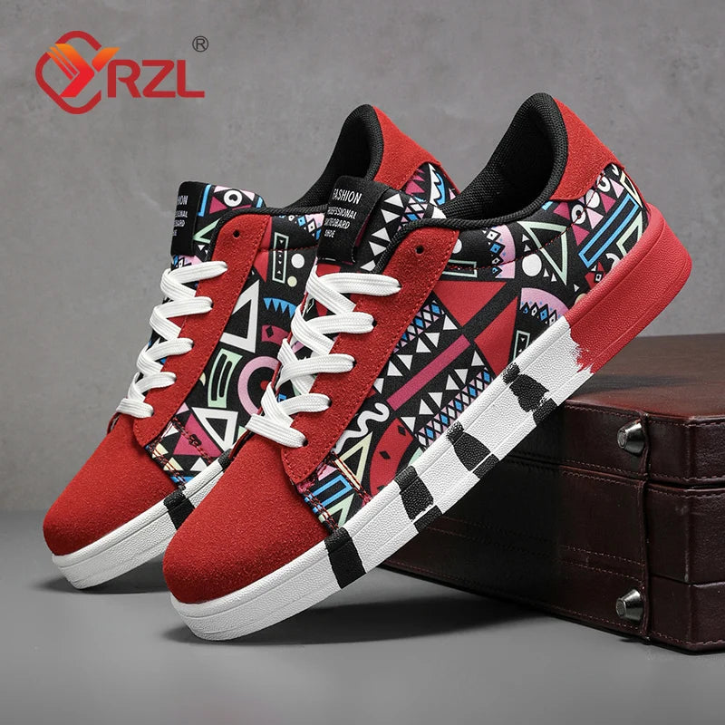 YRZL Men's Sports Running Shoes Canvas Geometric Style Lace-Up Sneakers Couples' Fashionable Graffiti Print Skate Shoes