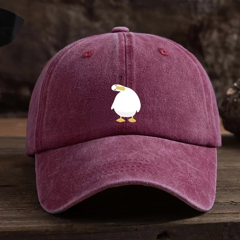 Cute duck print baseball cap with adjustable snap button, breathable fabric, outdoor casual headpiece
