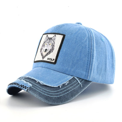 Vintage Denim Baseball Cap With Embroidery Wolf Patch Men Snapback Hip Hop Dad Hats Women Four Seasons Adjustable Sun Visor Cap