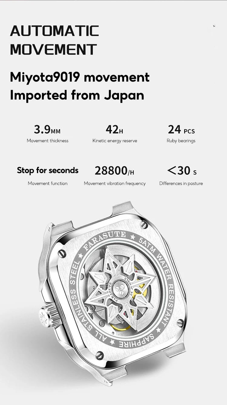 FARASUTE Automatic Mechanical Luxury Men's Watch Miyota9019 Movement Ultrathin 8.9mm Luminous 5ATM Waterproof Wristwatches Male
