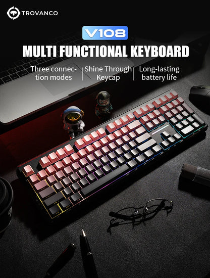 V108 Pro Bluetooth-Tastatur Büro, geräuscharm, 2.4G kabelgebunden & kabellos, vollständiges Layout mit RGB-beleuchteter Membran
