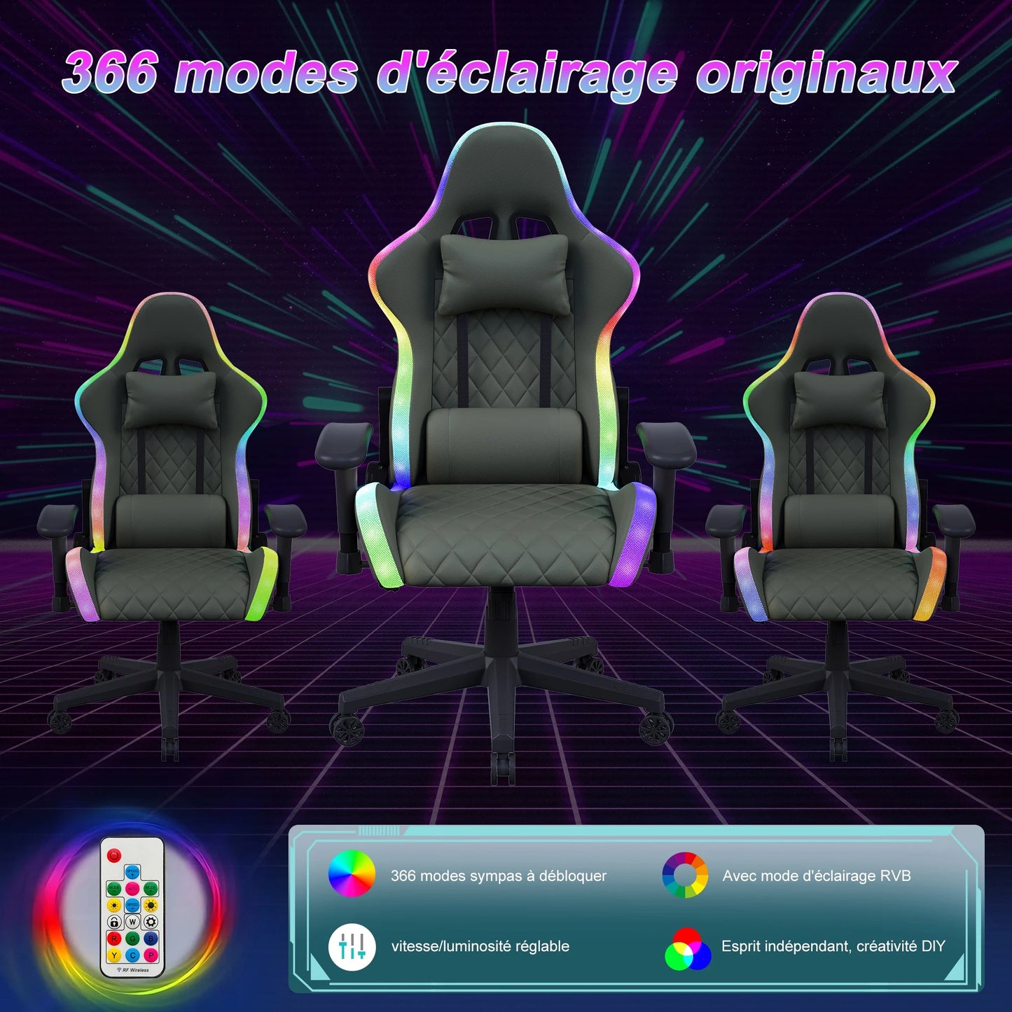 Ergonomic office chair with lumbar massage,LED RGB ambient lighting, and reclining backrest,  for home offices