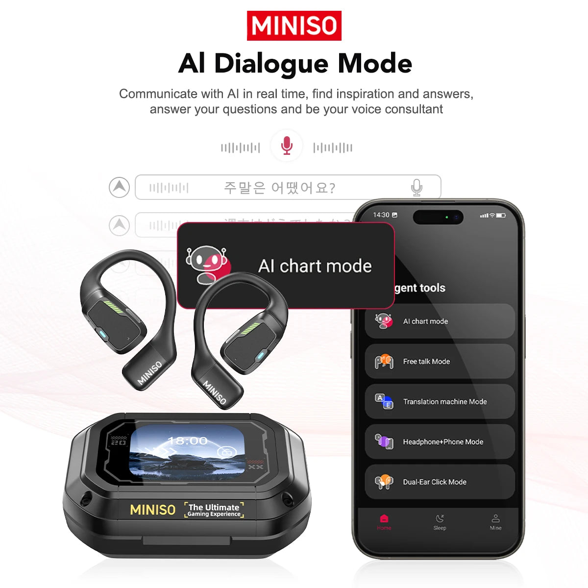 AI MINISO M98 Wireless Headphones OWS Sports Bluetooth Earphones Gaming Headset AI Translator Earbuds APP LCD Touch Screen IPX5