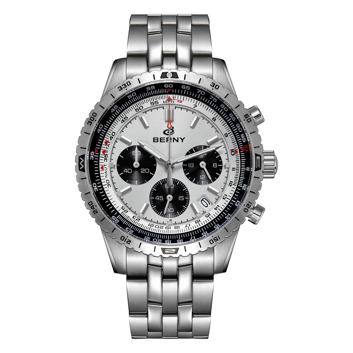 Montre chronographe pour homme BERNY – Montre à quartz multifonction de style aviation, dotée d'un affichage de la date, d'un verre saphir et d'une excellente luminescence – Montre-bracelet de luxe pour homme