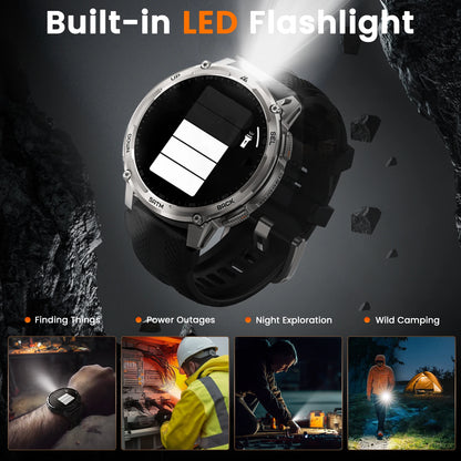 KOSPET TANK T4C Smartwatch Men's Outdoor GPS Watch with Bright LED Flashlight 5ATM Water-Resistant for Swimming Military Tough