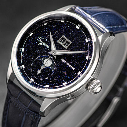 Sugess Moonphase Watch of Men 40mm Automatic Mechanical Wristwatches Origin ST2528 Movement Stainless Steel Blue Sandstone Dials