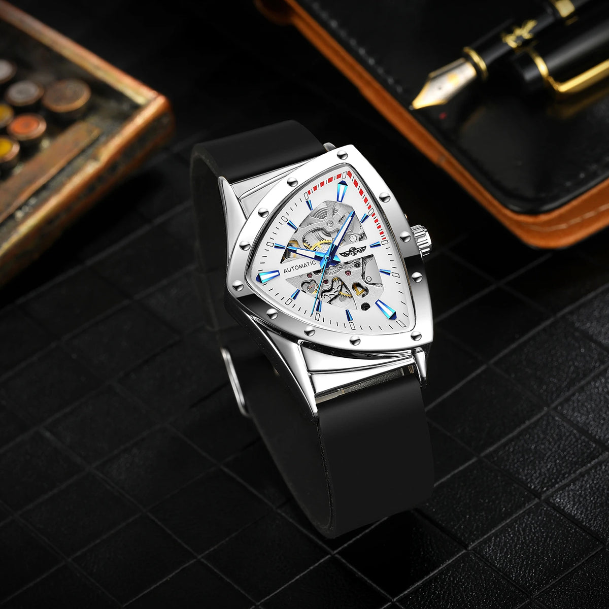 WINNER High Quality Watch for Men Triangle Steel Skeleton Mechanical Automatic Movement Clockwork Waterproof Rubber strap Wrist