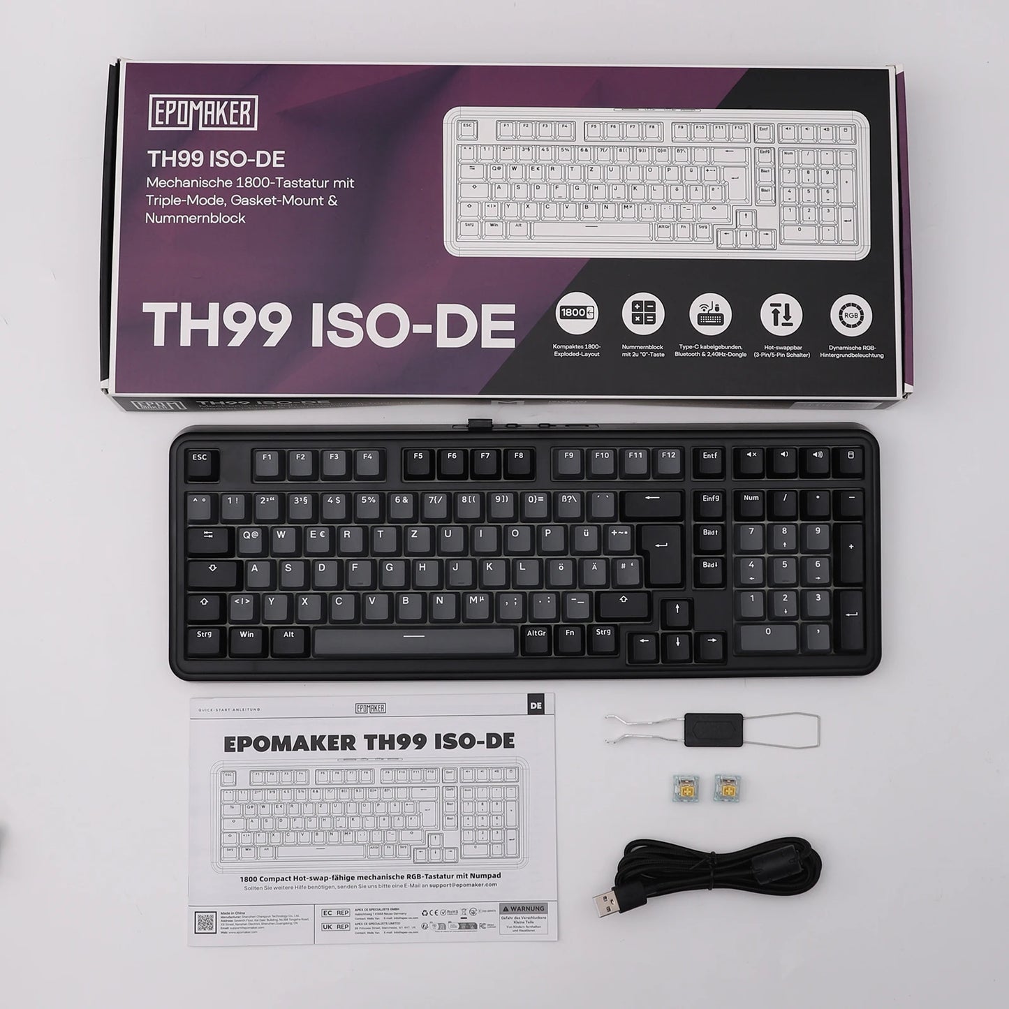 ISO-DE Layout EPOMAKER TH99 QWERTZ Layout 96% Creamy Gasket Wired/Bluetooth/2.4G Wireless Mechanical Keyboard with Knob/Numpad