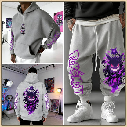 Black Hoodie and Pants Set with Pokemon Character Print Sleeve and Side Text Streetwear Anime Tracksuit for Men Unisex Casual