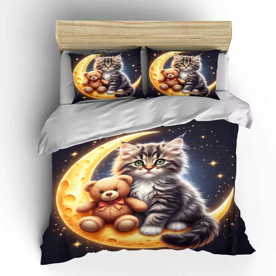 Cute Cat and Teddy on Moon Pattern Duvet Cover Set Digital Print Colorful Polyester Bedding with Zipper Closur for kids gifts