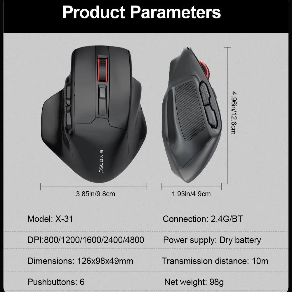 Rato Gaming E-YOOSO X-31 Pro USB Grande com Suporte Bluetooth 2.4G Sem Fios PAW3212 4800 DPI para Gamer, Computador Portátil e PC