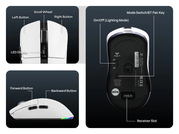 AULA SC590 PRO kablet/Bluetooth/2.4GHz trådløs gamingmus 20000 DPI og PAW3311-sensor med 1000 polling rate til Win/Mac/gaming