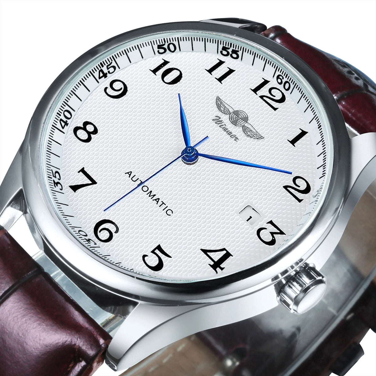 Klassische Herrenuhr – Retro-Design mit Kalender und blauen Zeigern, mechanisches Automatikwerk, renommierte Marke, Edelstahlgehäuse und Lederarmband