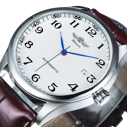 Klassische Herrenuhr – Retro-Design mit Kalender und blauen Zeigern, mechanisches Automatikwerk, renommierte Marke, Edelstahlgehäuse und Lederarmband