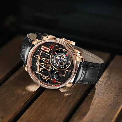 Reloj de cuarzo PINDU NEW TOP con bomba de aceite de botón para hombre de negocios, 45.5MM, cristal de zafiro, resistente al agua, correa de cuero para hombre